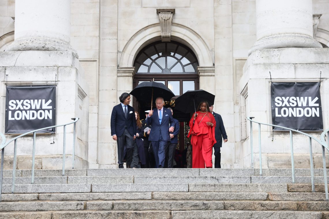 LONDON, ENGLAND - JUNE 05: King Charles III departs from Christ Church Spitalfields on day four of SXSW London 2025 on June 05, 2025 in London, England. (Photo by Jack Taylor/Getty Images for SXSW London)